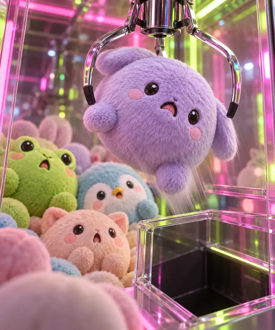 A lavender plush slipping out of the claw right above the prize chute